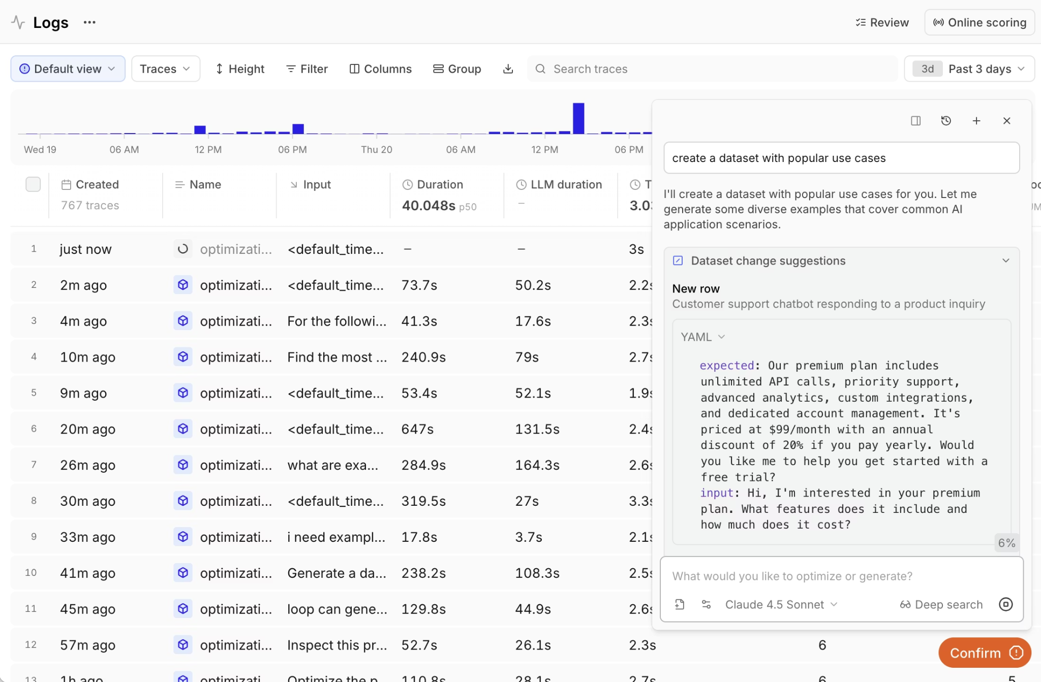 Braintrust logs view suggesting a new dataset row from a production trace
