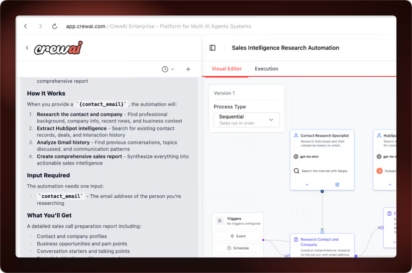 CrewAI's visual editor for role-based multi-agent workflows