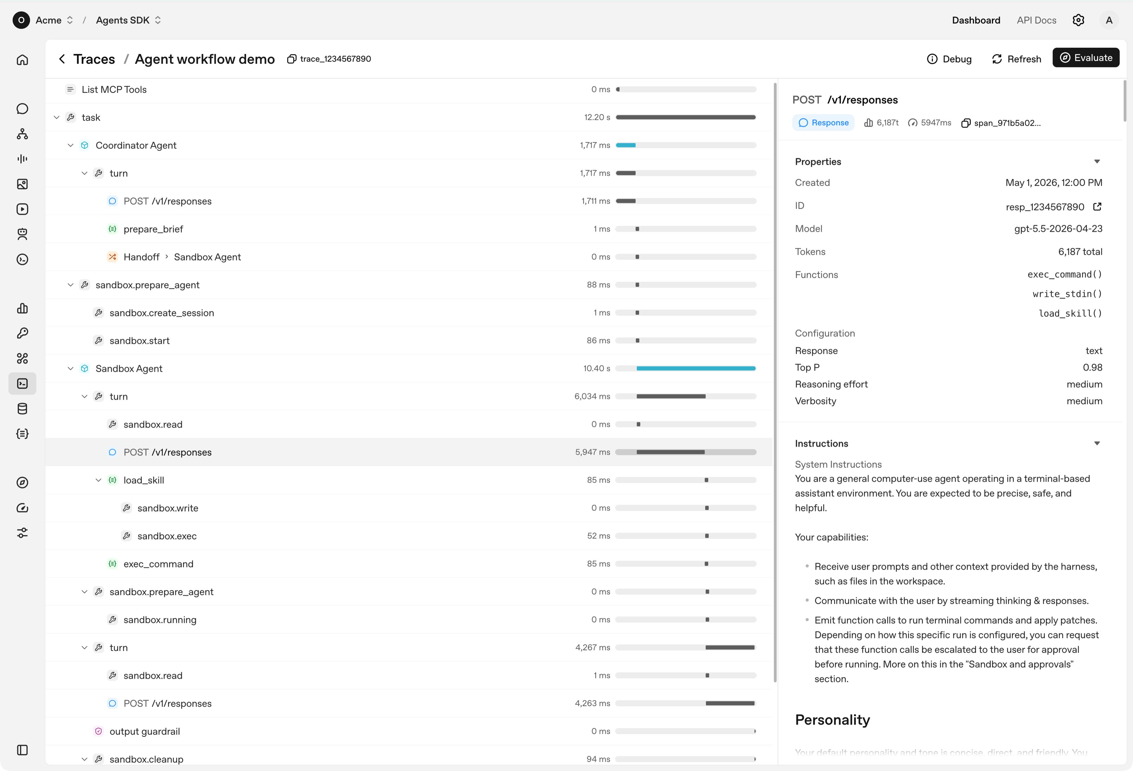 An OpenAI Agents SDK run traced as nested spans for agents, turns, tool calls, and guardrails