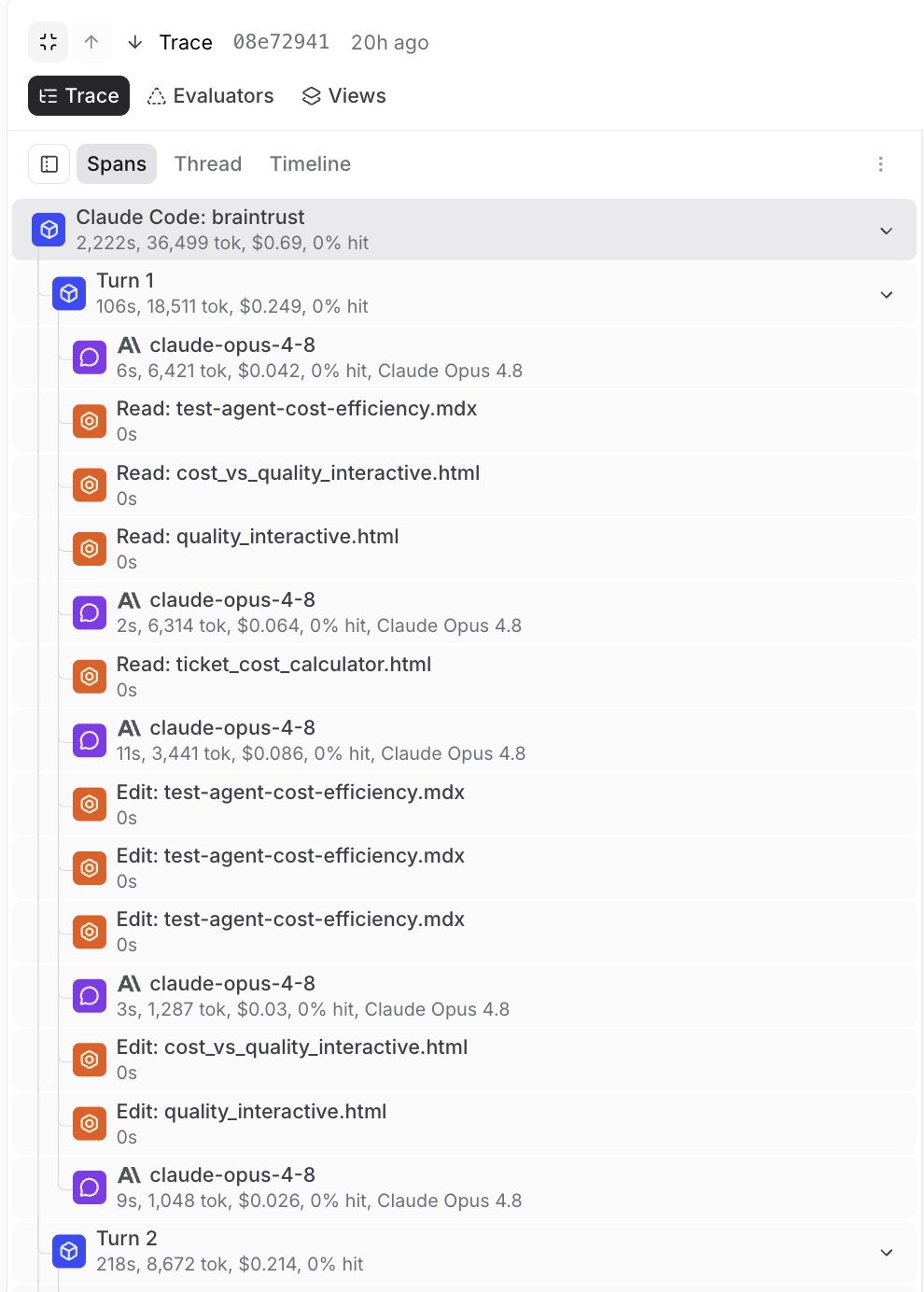 Agent States view in Braintrust showing a chronological timeline of spans including turns, thinking, scores, functions, and tool calls for a Claude Opus agent run